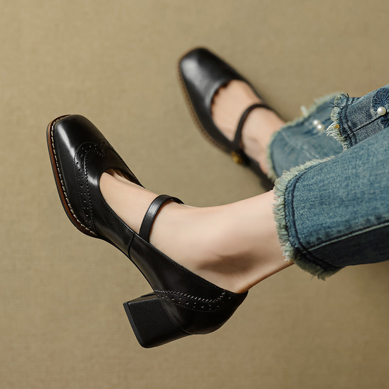 Women's Genuine Leather Brogue Chunky Heel Shoes