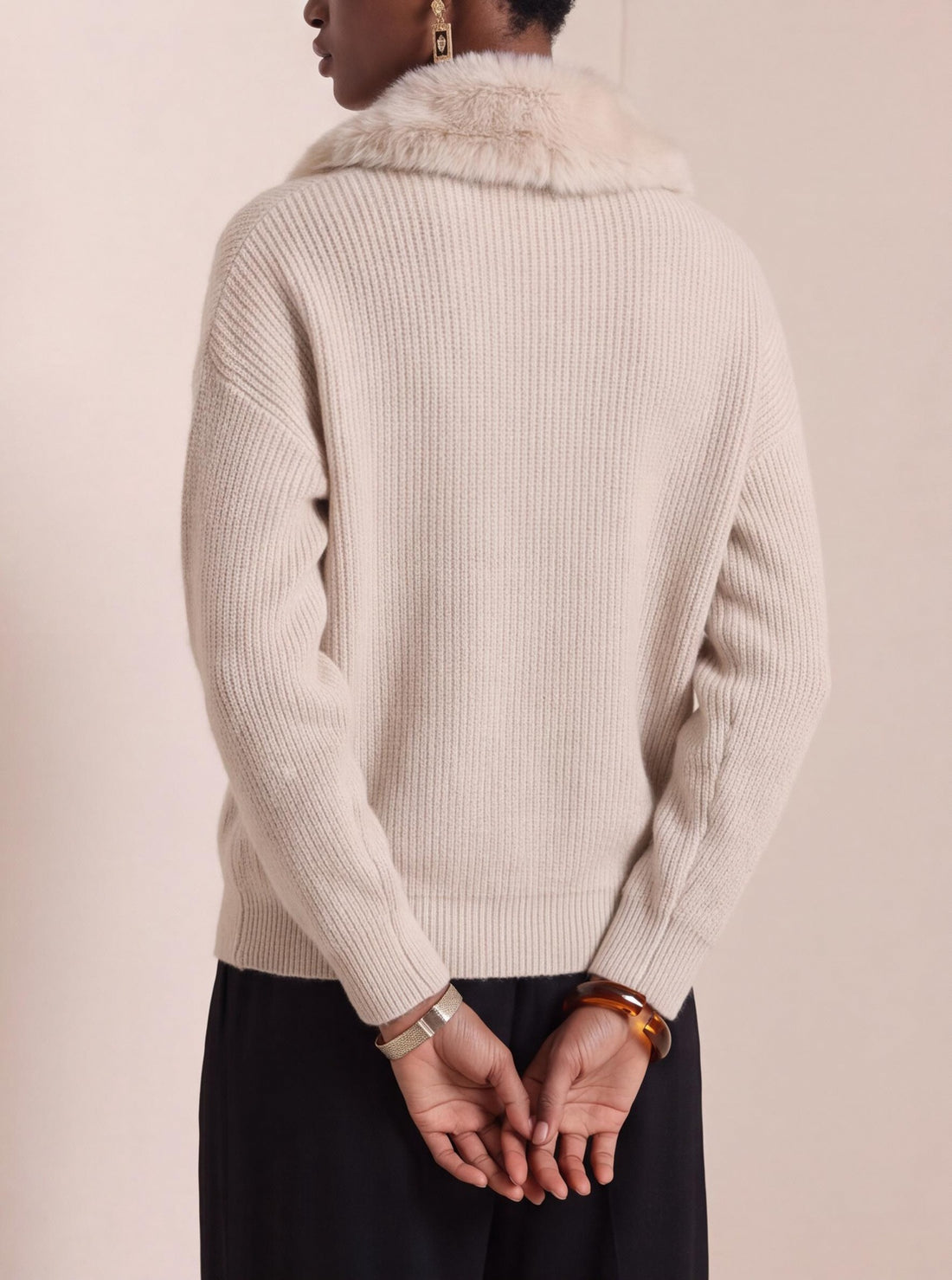Women's Solid Knit Cardigan with Fur Collar Long Sleeve