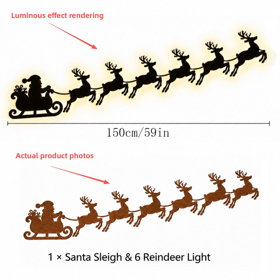 Self-Adhesive Wooden Christmas Santa Reindeer Wall Decoration with Lights