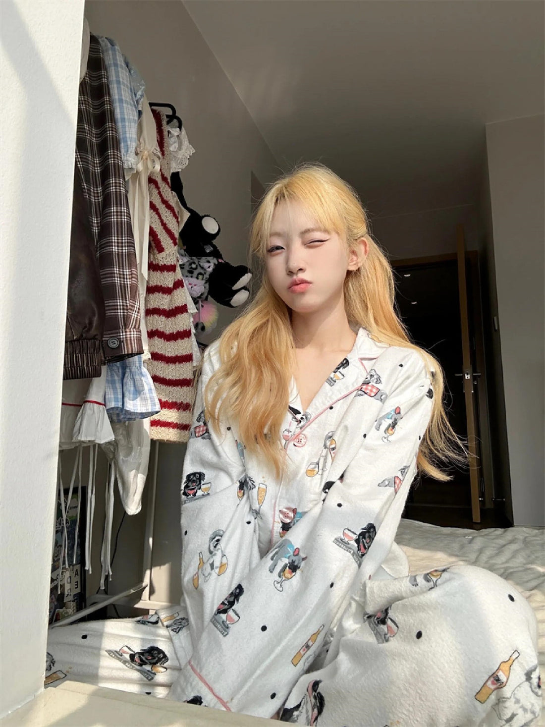 Women's Cartoon Puppy Print Cotton Long Sleeve Pajama Set