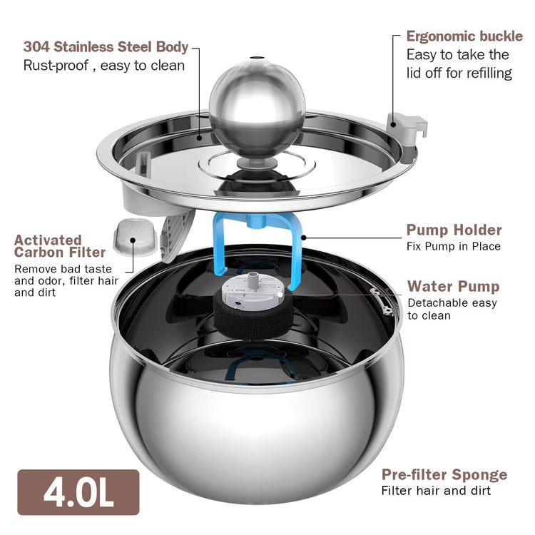 Stainless steel pet water fountain placed in home setting