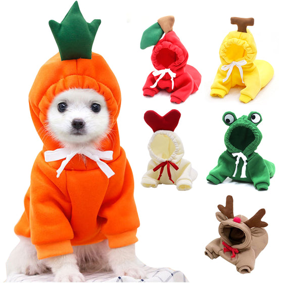 Small dog in an orange carrot hoodie, with other hoodie styles beside it