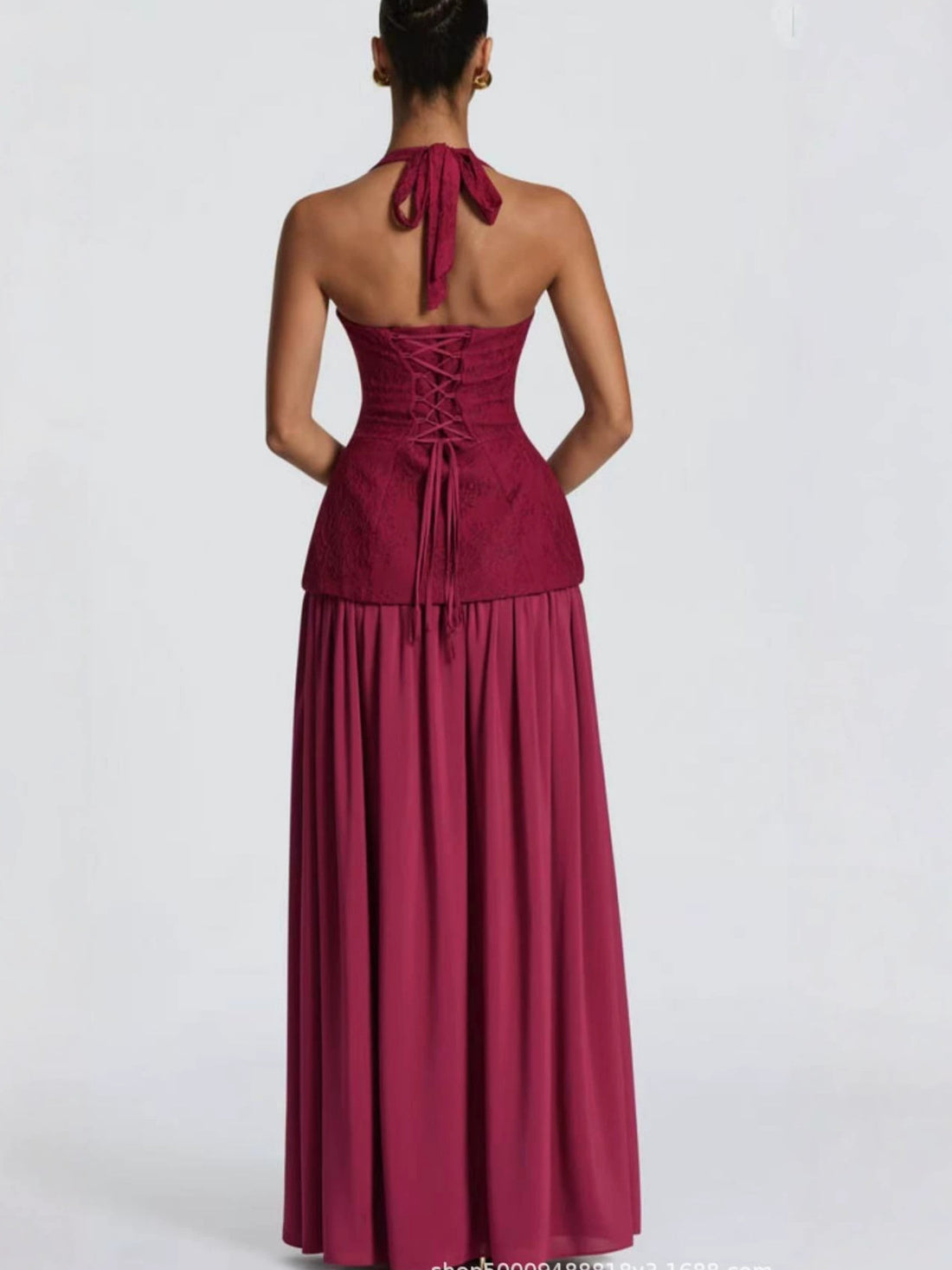 Halter neck lace spliced long dress with side slit, photo 2