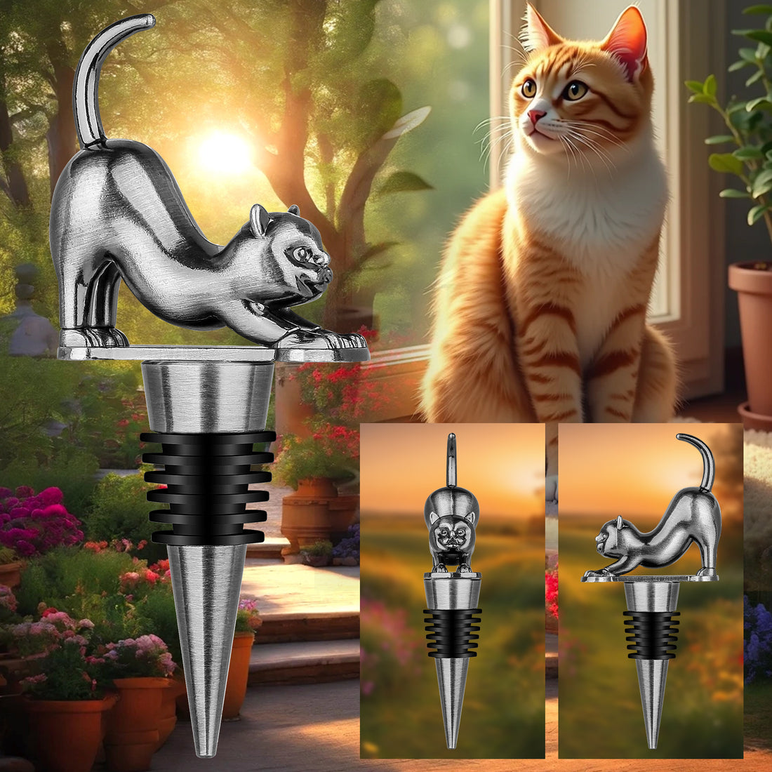 Dark silver cat wine stopper with photos of an orange tabby cat in a garden