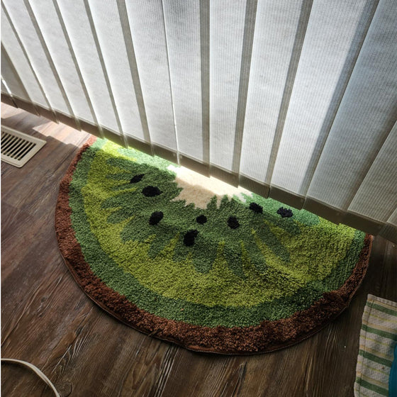 Kiwi fruit rug on a wood floor by the window