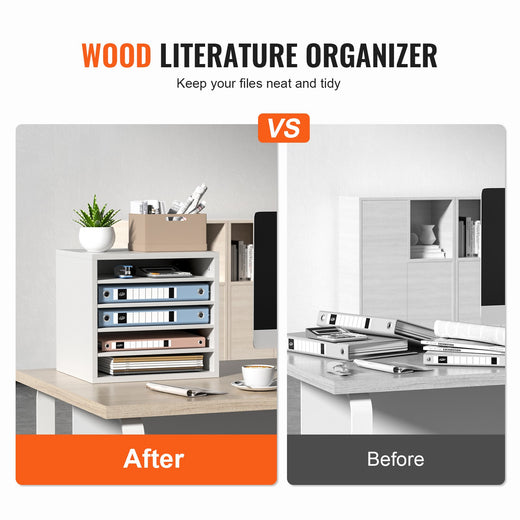 5 Compartment Wood Literature Organizer with Adjustable Shelves