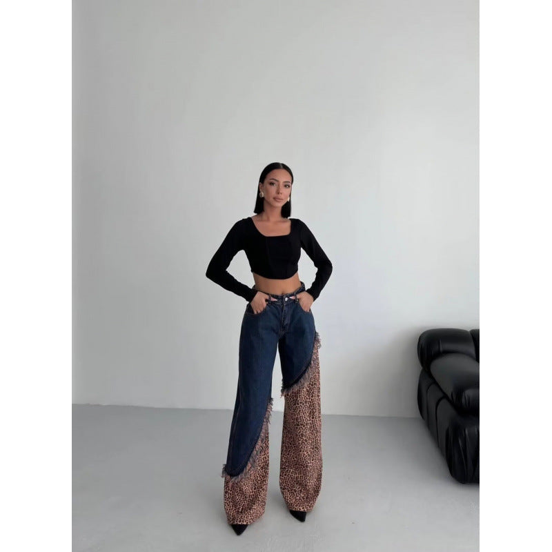 Womens High Waist Leopard Print Wide Leg Jeans Vintage Slimming Denim Trousers