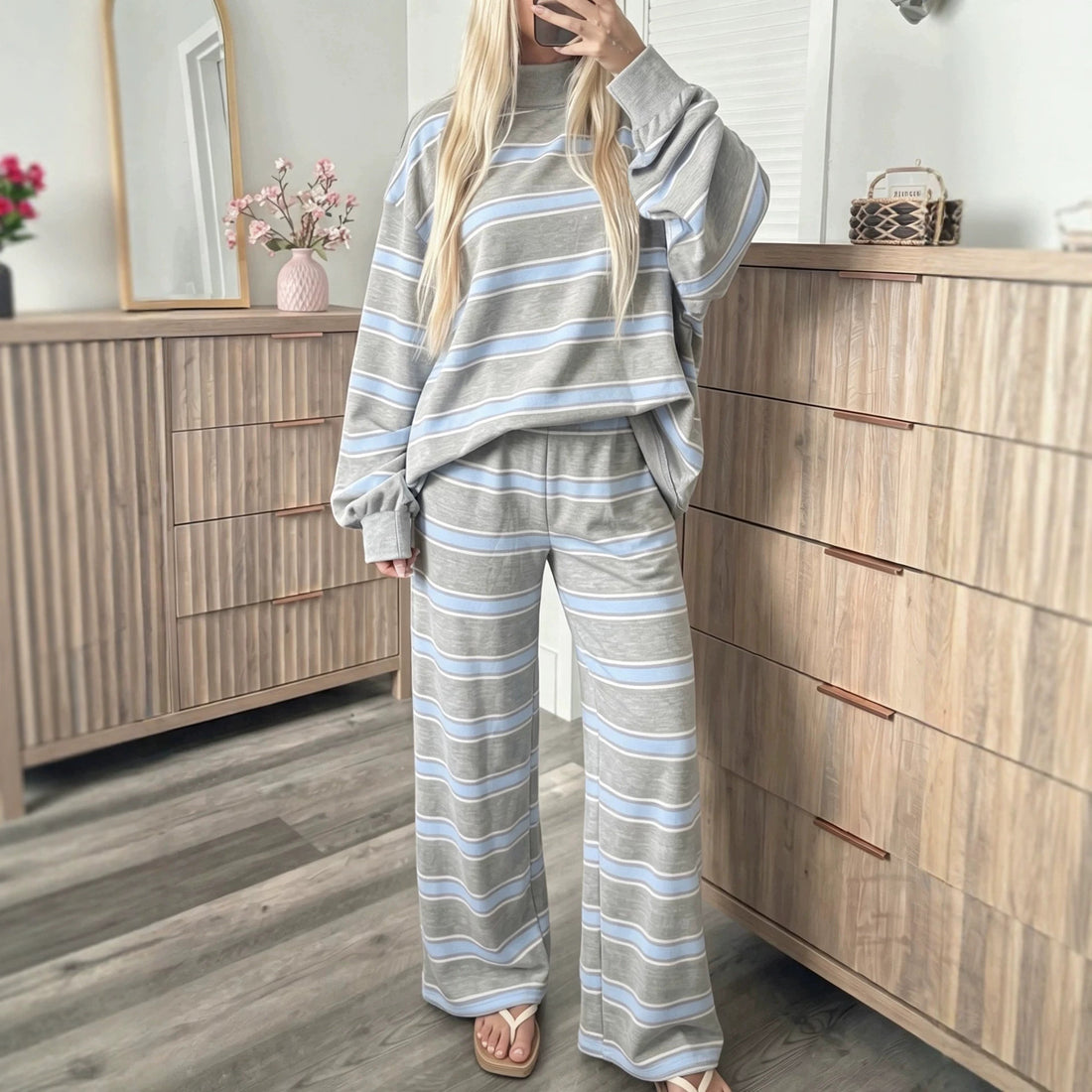 Women's Striped Tracksuit Two-Piece Set Long Sleeve Casual Pants Suit