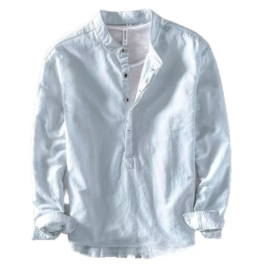 Men's Cotton Linen Stand-Up Collar Long-Sleeve Pullover Shirt Solid Casual Retro Top