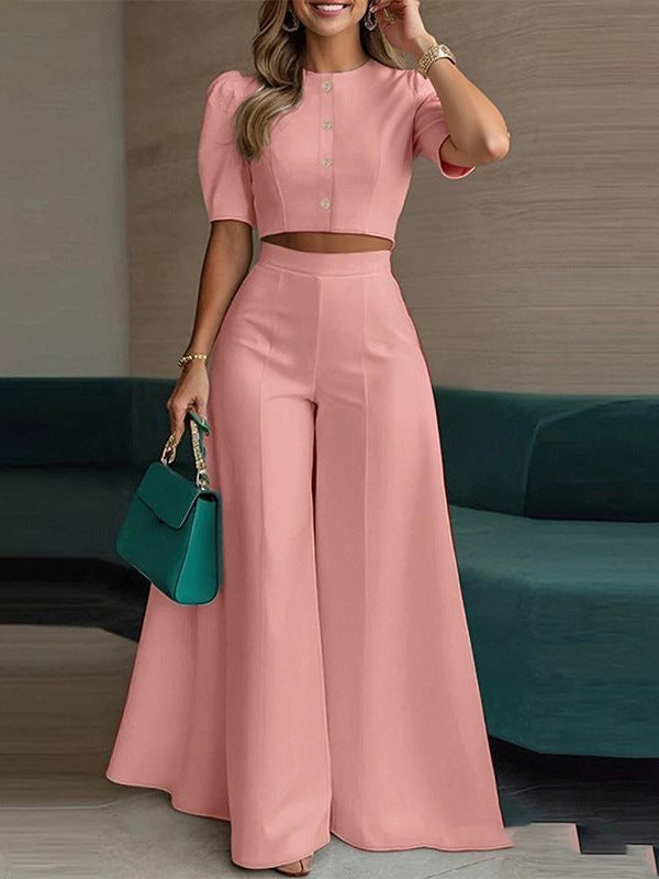 Women's Two-Piece Set Short Top Wide Leg Pants Casual Elegant Summer