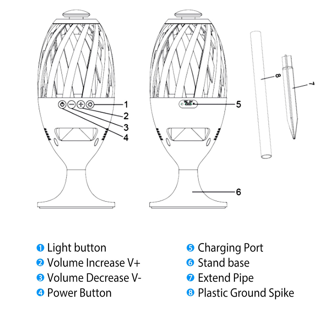 Diagram of flame speaker buttons, stand base, extension pipe and ground spike