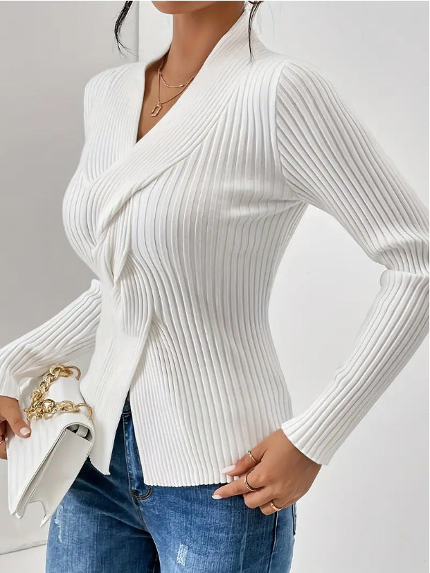 Women's Solid Color V-Neck Long Sleeve Slim Fit Knit Sweater