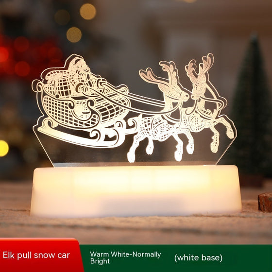 3D acrylic night light of an elk pulling a sleigh, warm white, white base