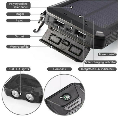 10000000mAh Solar Power Bank Waterproof Dual USB Charger