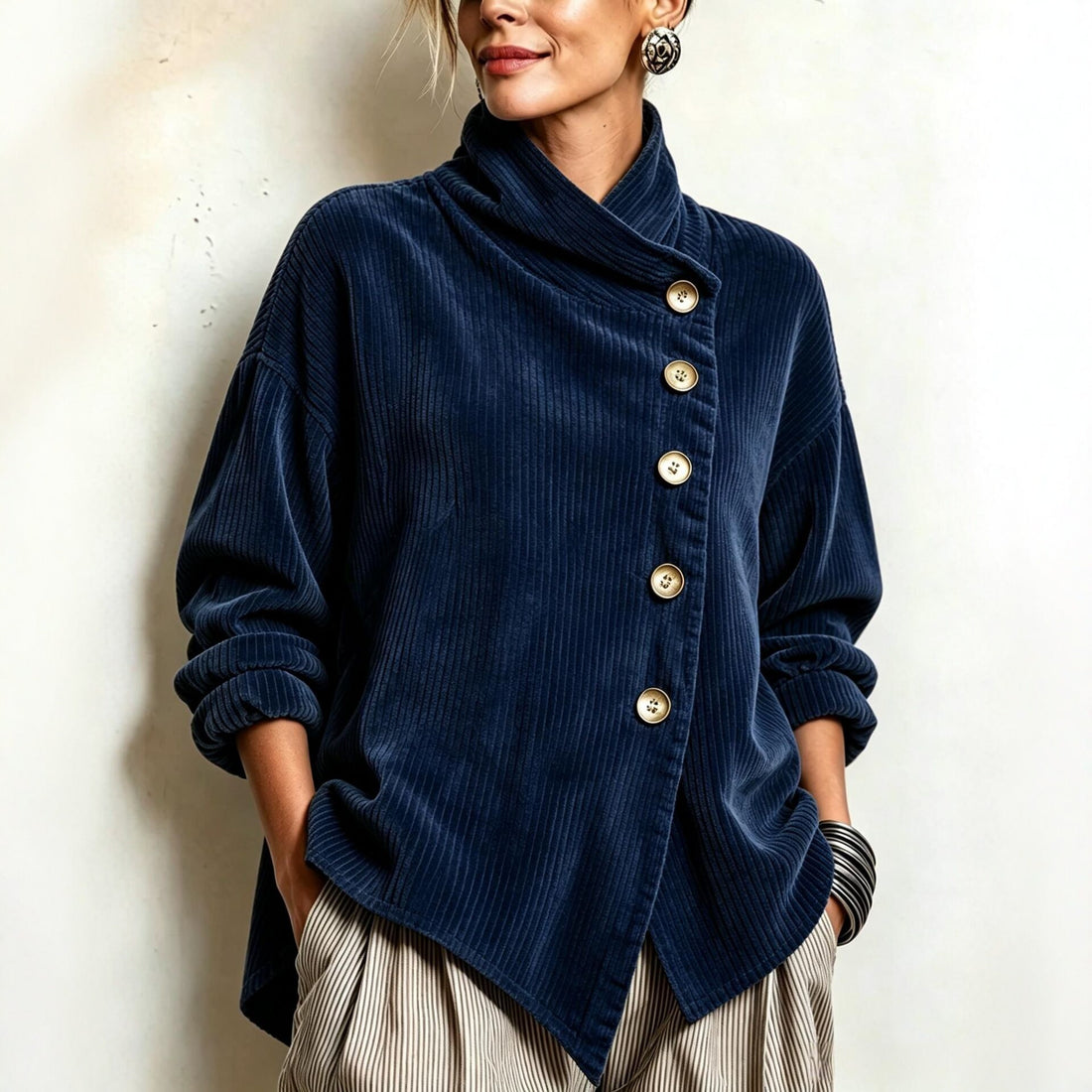 retro French-style, relaxed fit, loose high-neck, asymmetrical corduroy top