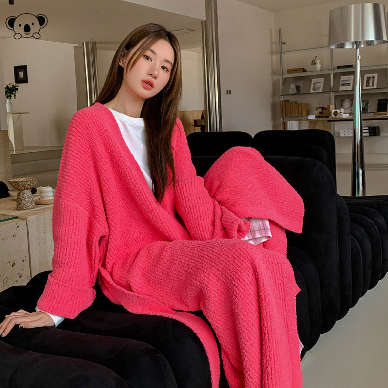 Extra-thick half-sided fleece bathrobe with belt, open front, photo 6