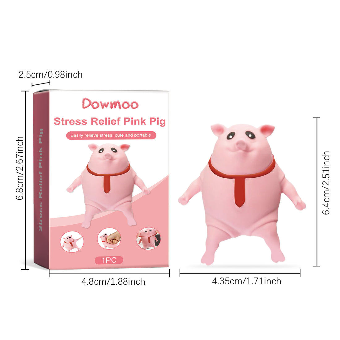 Pink pig stress toy and box with size dimensions
