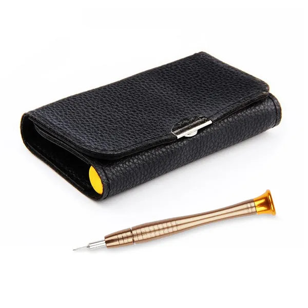 Closed black wallet case with screwdriver