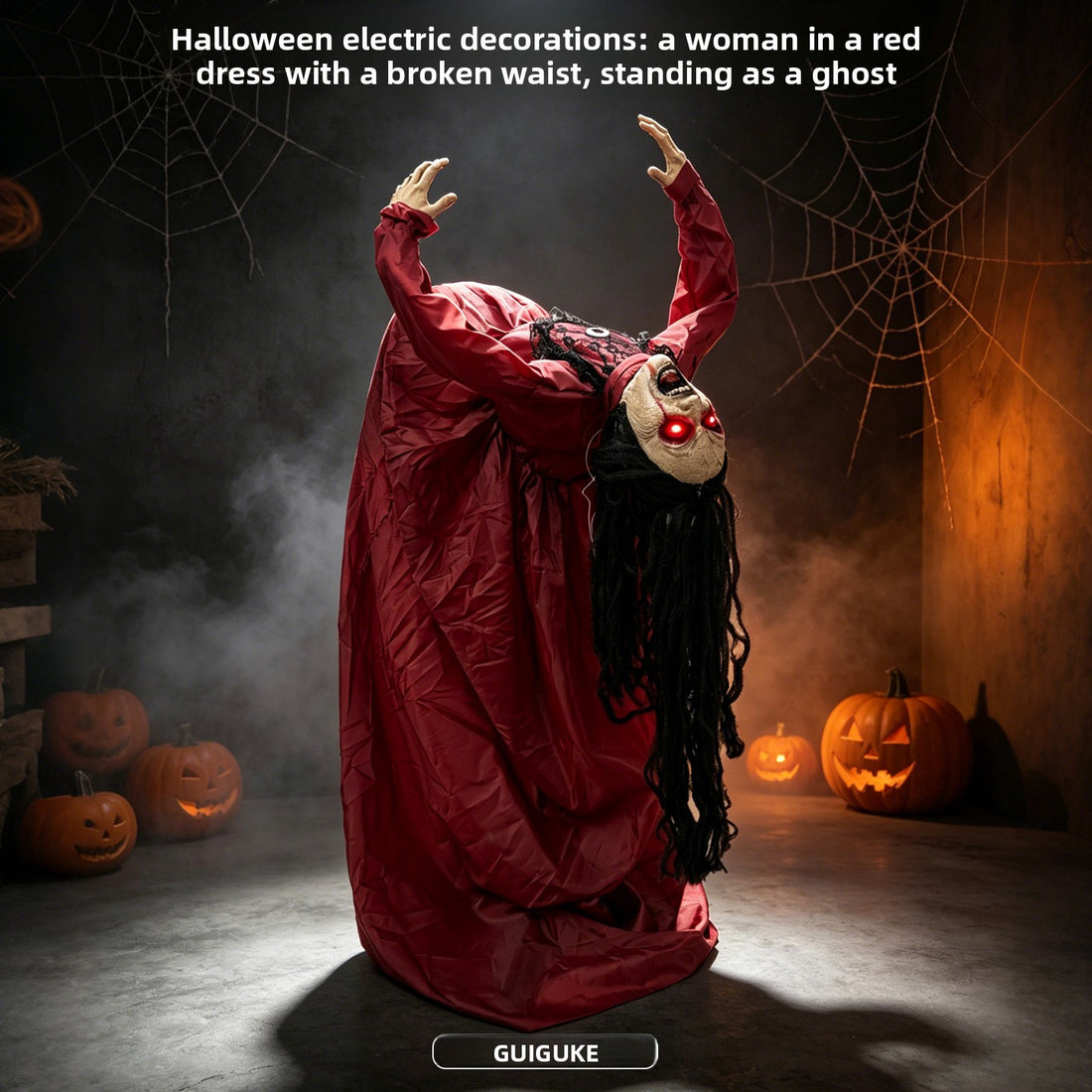 Red-Clothed Female Ghost Halloween Prop with Sound and Motion Activation