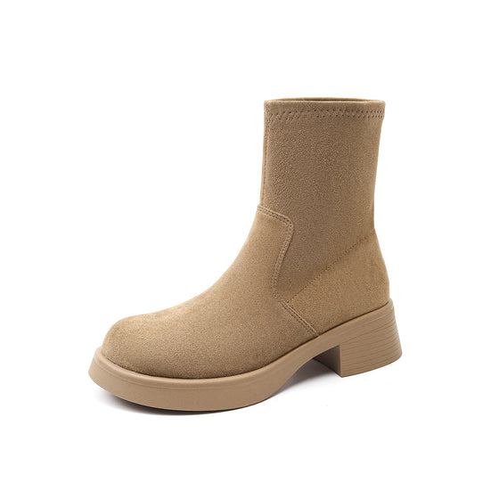 Women's Suede Ankle Boots Retro Round Toe Chunky Heel Riding Boots