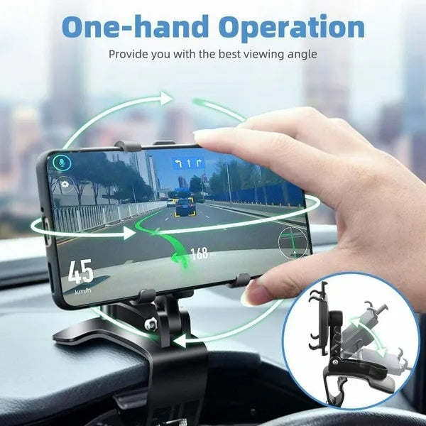 Car dashboard phone mount holding a smartphone for GPS