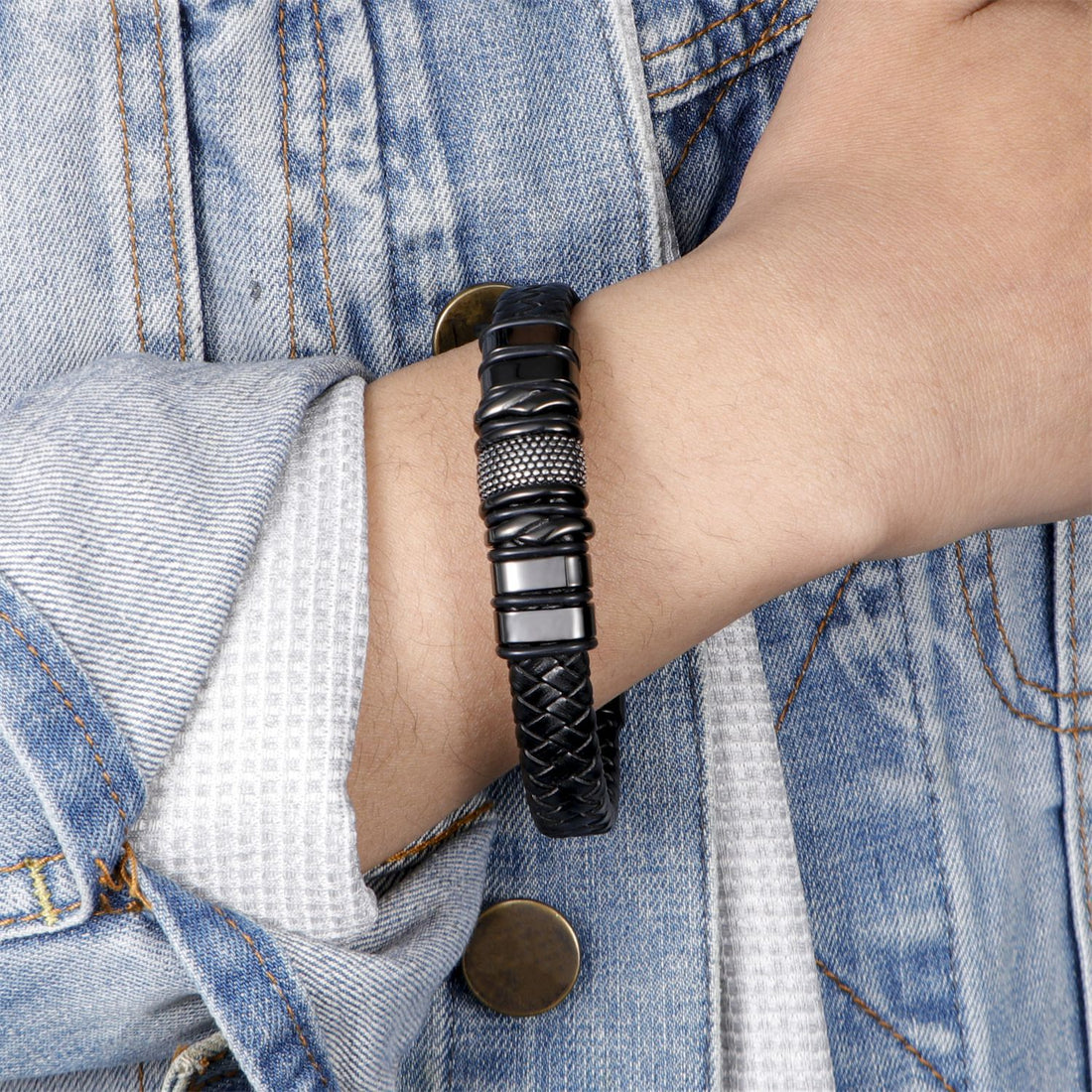 Men's business leather bracelet simple stainless steel magnetic bracelet fashion versatile trend woven leather bracelet
