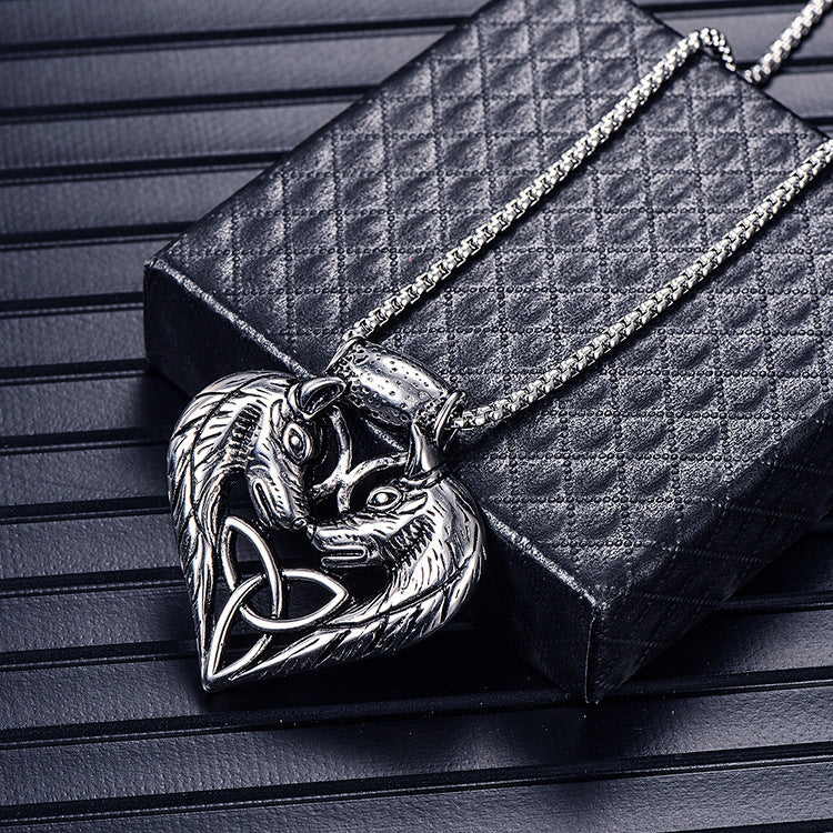 domineering double wolf head titanium steel pendant necklace