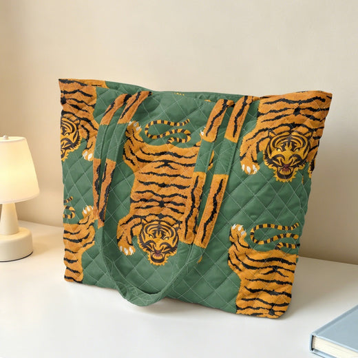 Embroidered Quilted Tiger Print Tote Bag