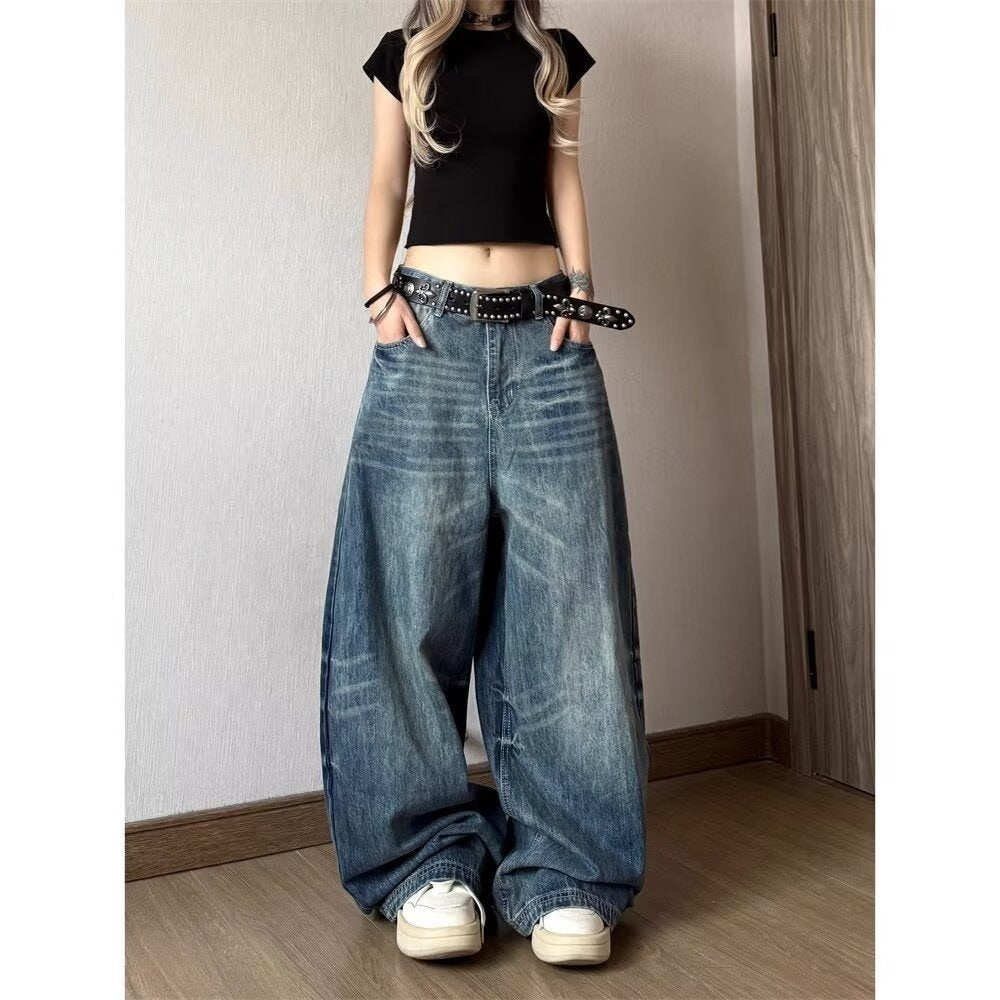 Vintage Distressed High-Waist Wide-Leg Floor-Length Denim Pants for Women