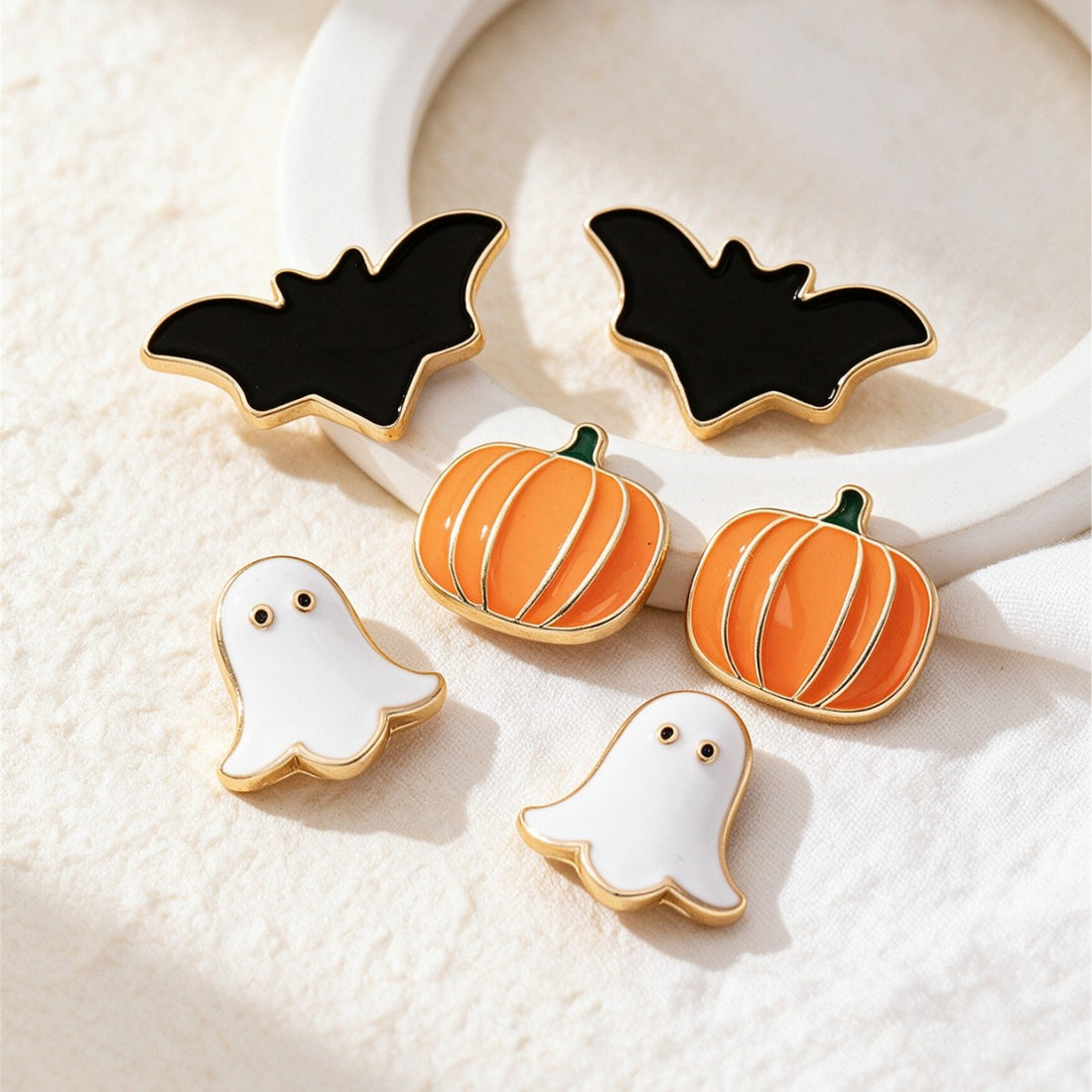 Halloween cute fun pumpkin ghost bat oil earrings three-piece set