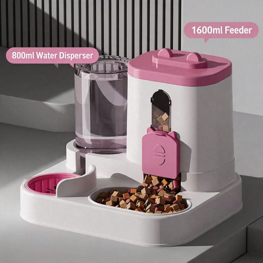 Pink gravity pet feeder with 1600 ml food hopper and 800 ml water bottle
