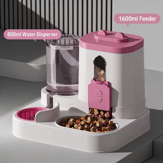 Pink gravity pet feeder with 1600 ml food hopper and 800 ml water bottle