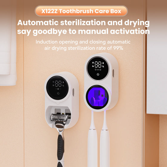 Two wall-mounted toothbrush care boxes with an automatic sterilization and drying callout
