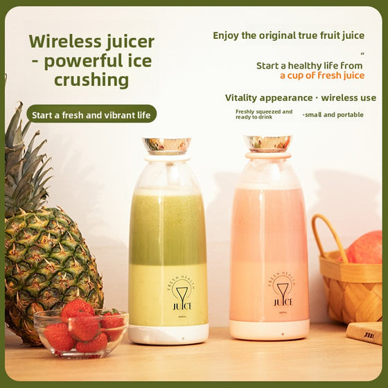 Two juicer cups with fruit juice beside a pineapple