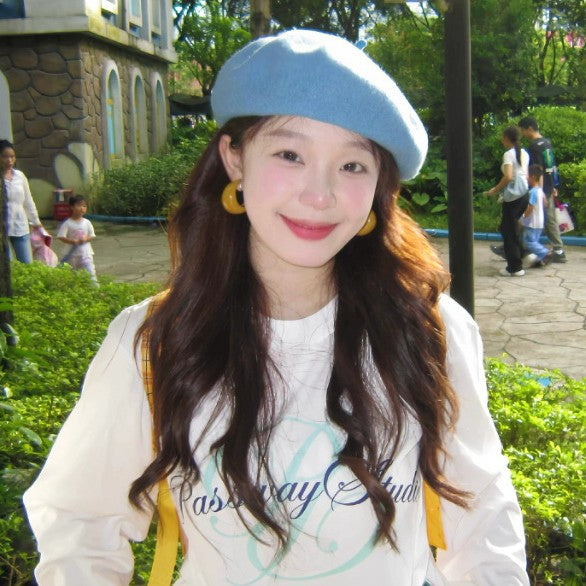 Retro Solid Color Wool Beret Hat for Women, Autumn Winter Adjustable Painter Cap