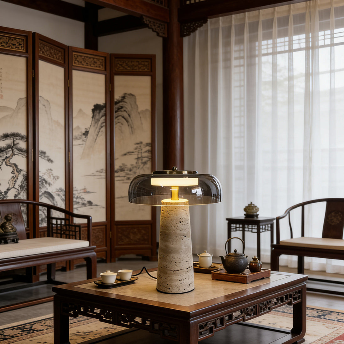 Nordic Minimalist Yellow Travertine and Glass Table Lamp