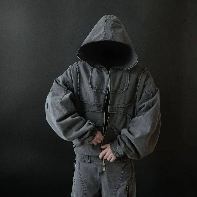 Black washed denim jacket with double zipper and flared oversized cut, photo 2