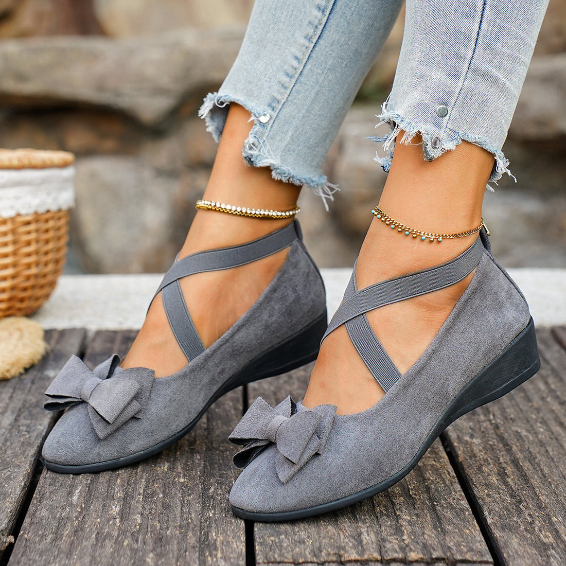 Women's casual wedge shoes with cross strap and bow, photo 7