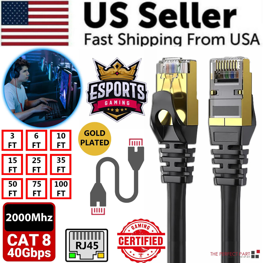 Black Cat 8 Ethernet cable with gold-plated RJ45 plugs and length options