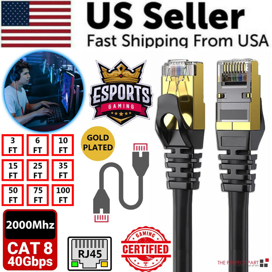 Black Cat 8 Ethernet cable with gold-plated RJ45 plugs and length options