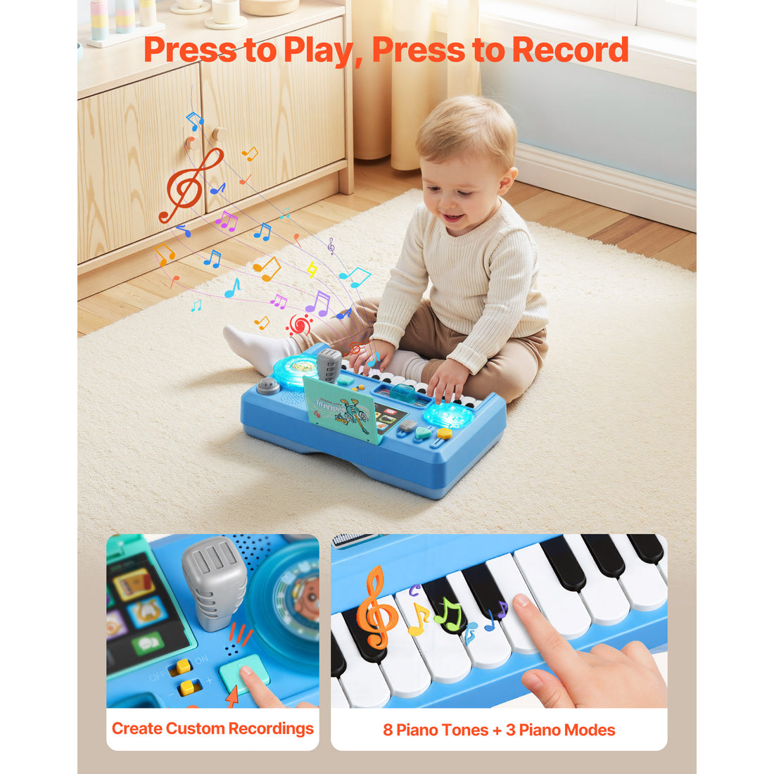 Baby playing the DJ playset in floor mode, with custom recording and piano features