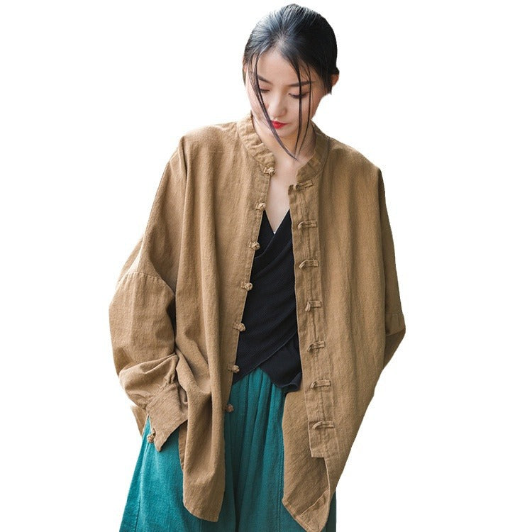 Women's Ramie Cotton Blend Sand-Washed Distressed Stand Collar Cardigan Jacket