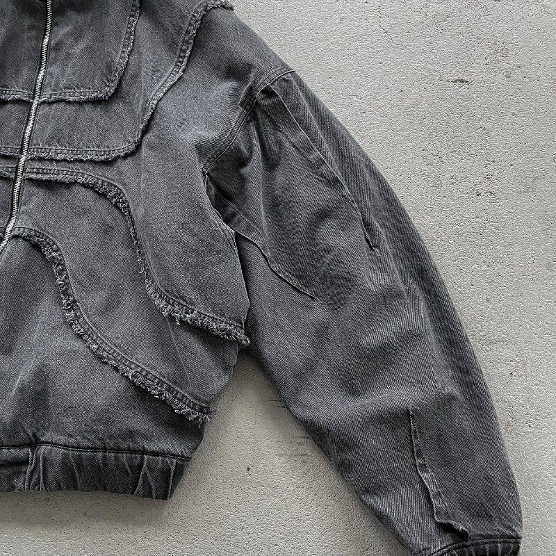 Black washed denim jacket with double zipper and flared oversized cut, photo 5