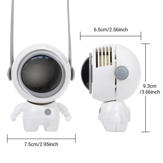 White astronaut mini fan on a lanyard with size 7.5 x 6.5 x 9.3 cm