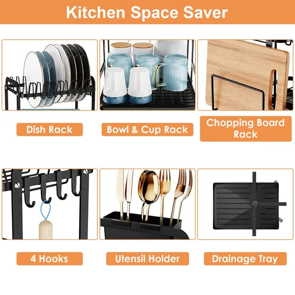 Stainless steel dish drying rack on kitchen counter