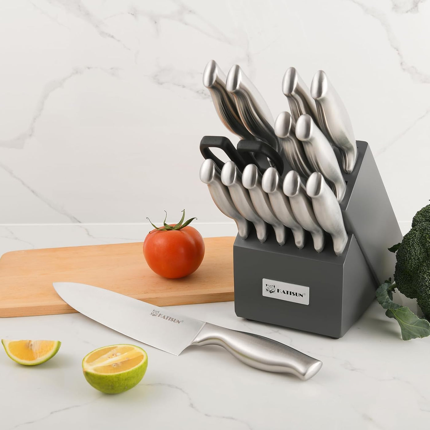 15-piece silver kitchen knife set, full set view