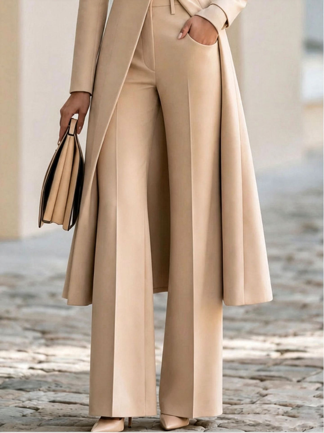 Elegant Waisted Coat and Wide-Leg Trousers Set