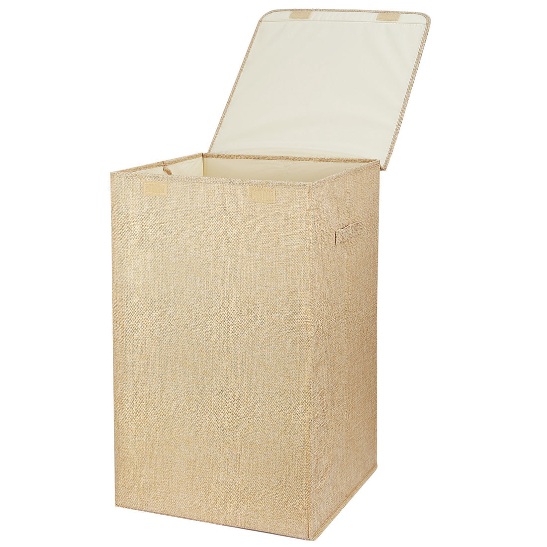 Brown fabric laundry hamper with lid open