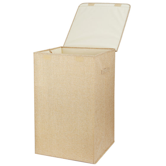 Brown fabric laundry hamper with lid open