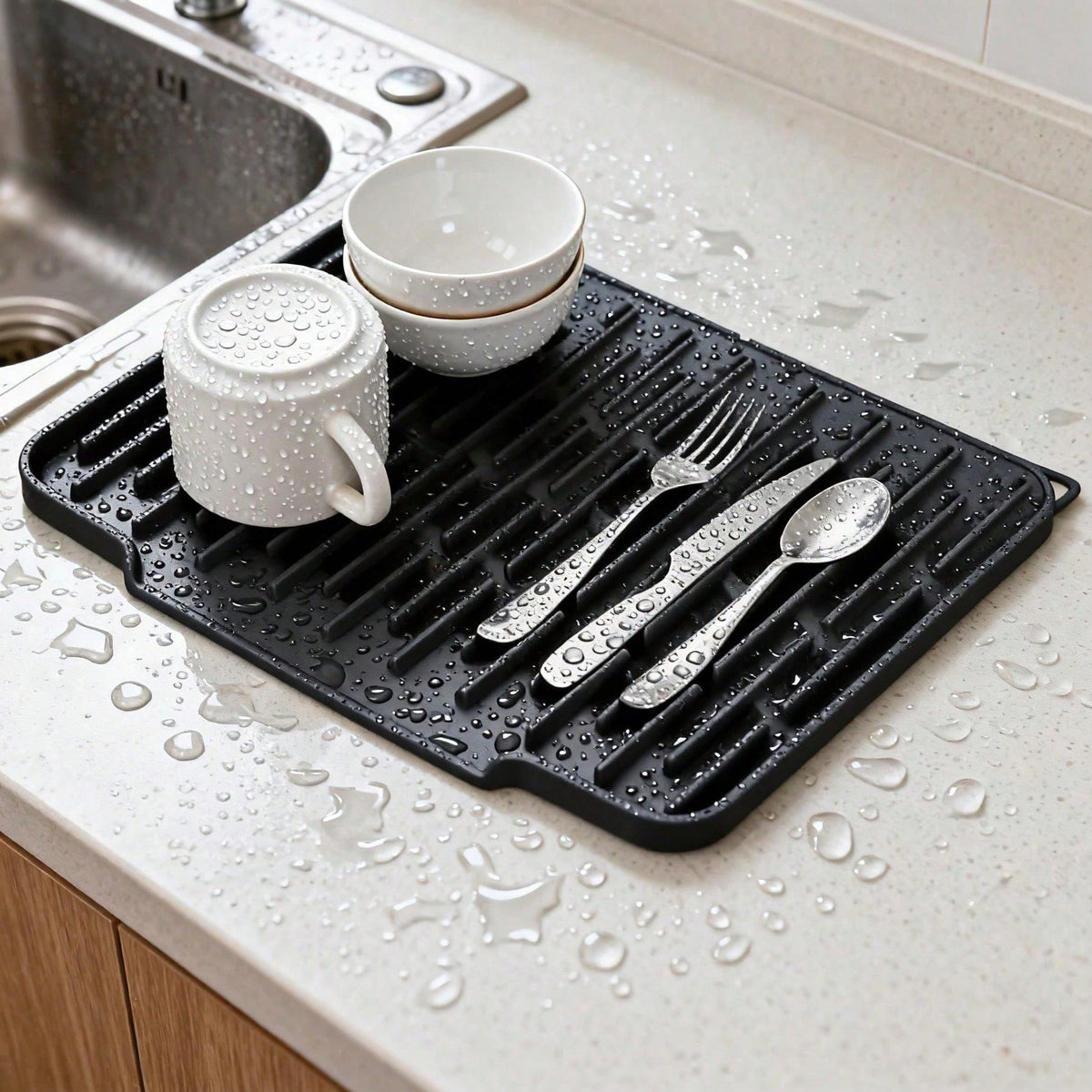 Silicone dish draining mat laid flat on kitchen counter